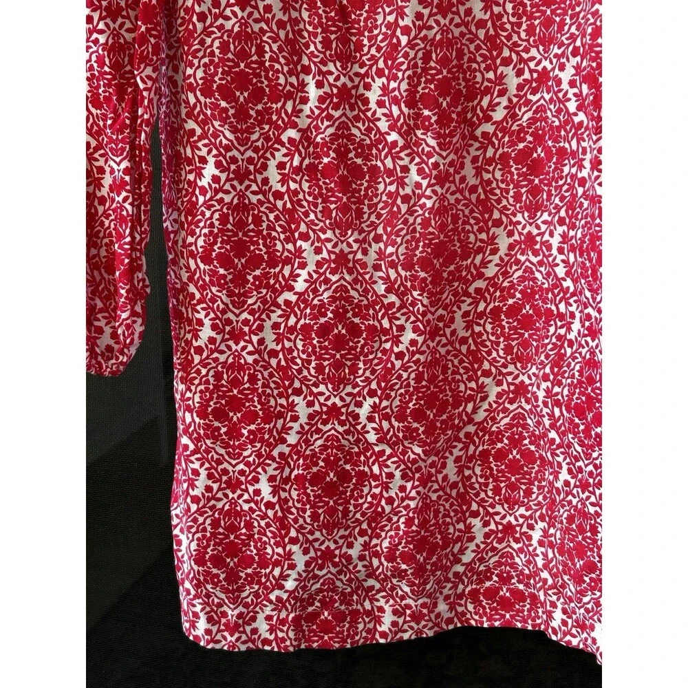 Boden 100% Linen Red White Damask Floral Dress Size 4 Puff Sleeve Short Garden
